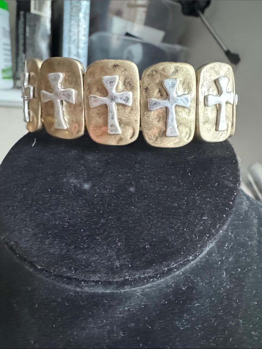 Boho Mixed Metal Cross Stretch Bracelet Antiqued Gold Silver Tone Christian
